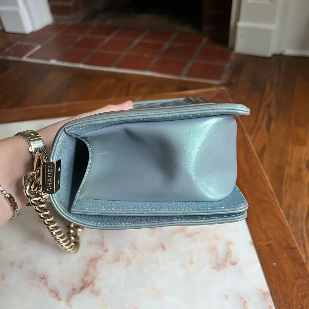 Chanel Quilted Blue Patent Leather Iridescent Medium Boy Bag